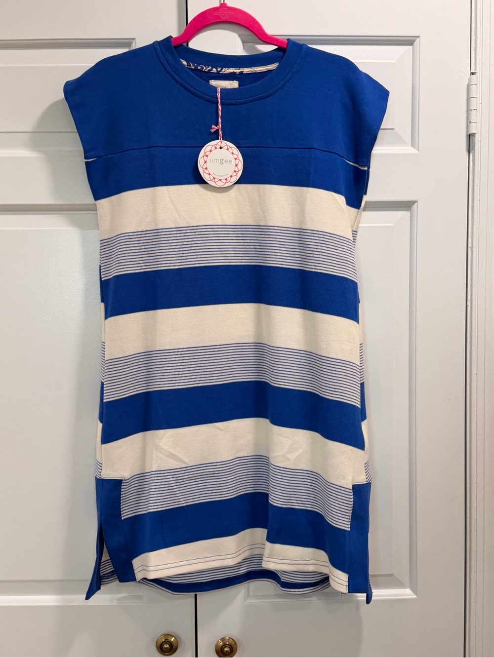 Umgee Blue and Cream Striped Cap-Sleeve Tunic Dress